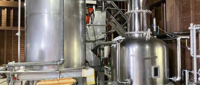 A stainless steel pot still at Amakusa Shuzo in Kumamoto Prefecture.