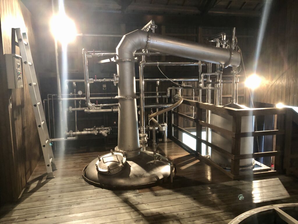 Pot distillation is carried out by a single stainless steel still at Jikuya Shuzo in Kagoshima.